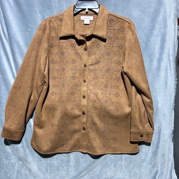 Allison Daley Tan Brown Faux Suede Leather Look Button Jacket Top Petite Small - Picture 1 of 7